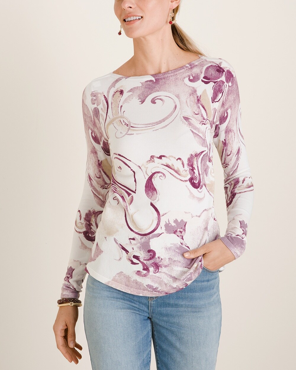 Warm-Toned Paisley Bateau-Neck Pullover Sweater