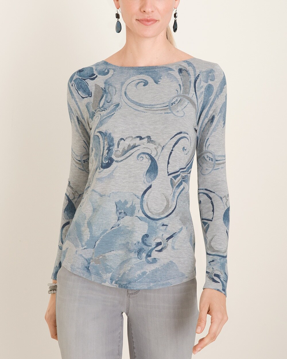Cool-Toned Paisley Bateau-Neck Pullover Sweater