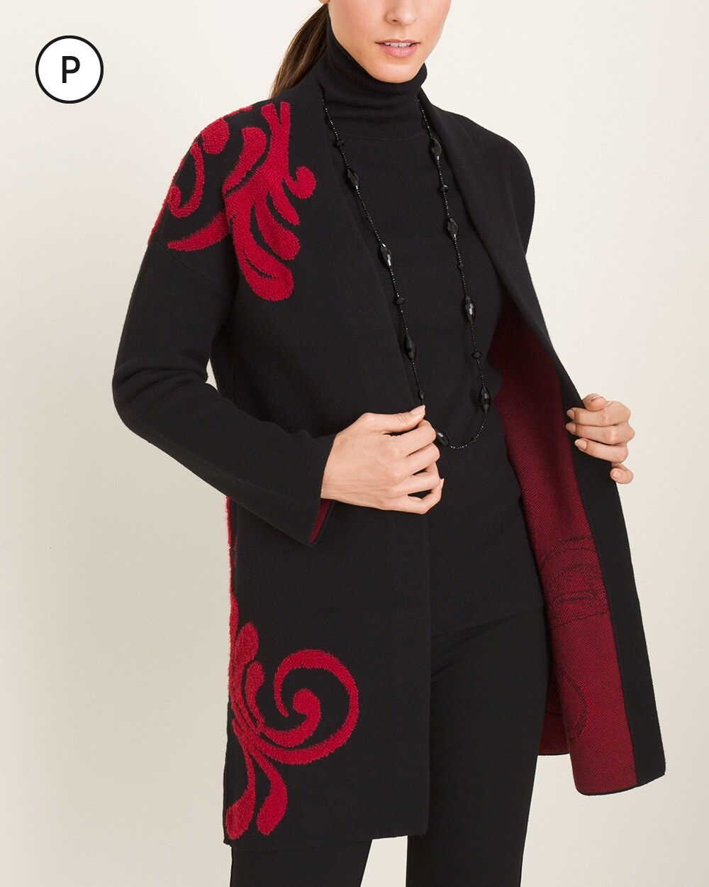 Petite Red and Black Scroll-Detail Cardigan
