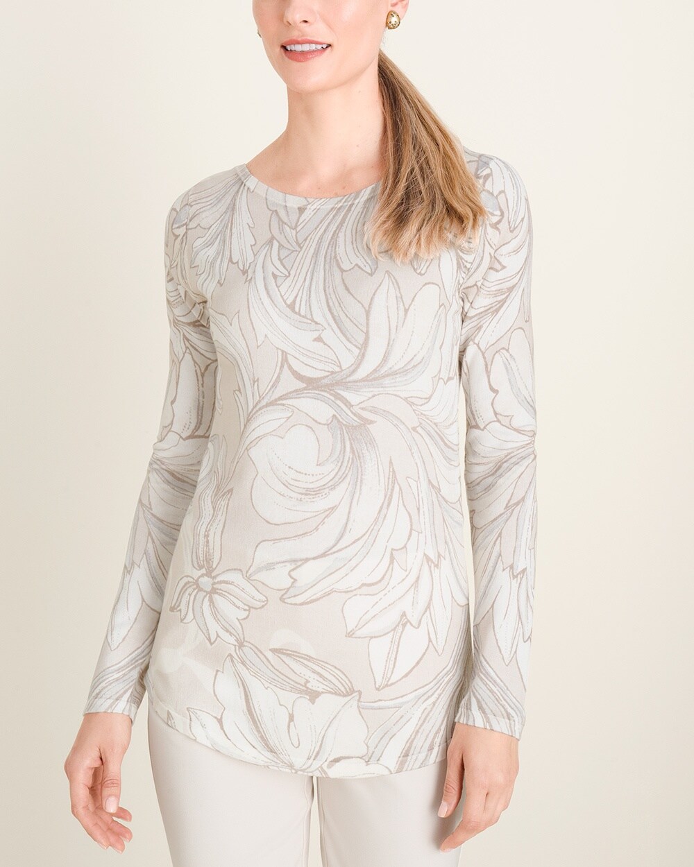 Neutral Floral Bateau-Neck Pullover Sweater