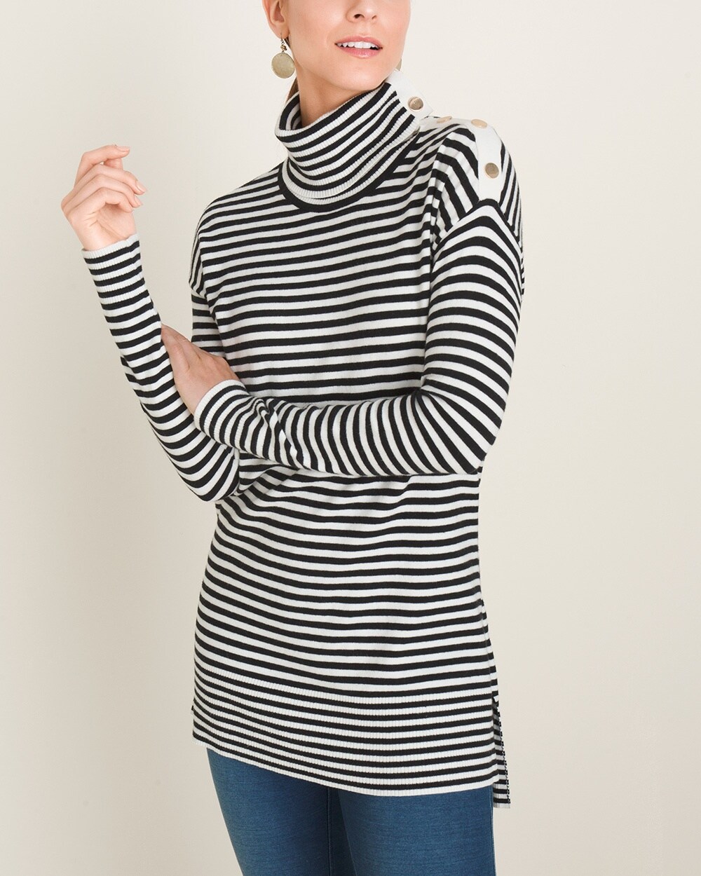 Zenergy Striped Cotton-Cashmere Blend Foldover-Neckline Tunic