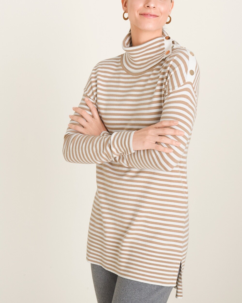 Zenergy Striped Cotton-Cashmere Blend Foldover-Neckline Tunic