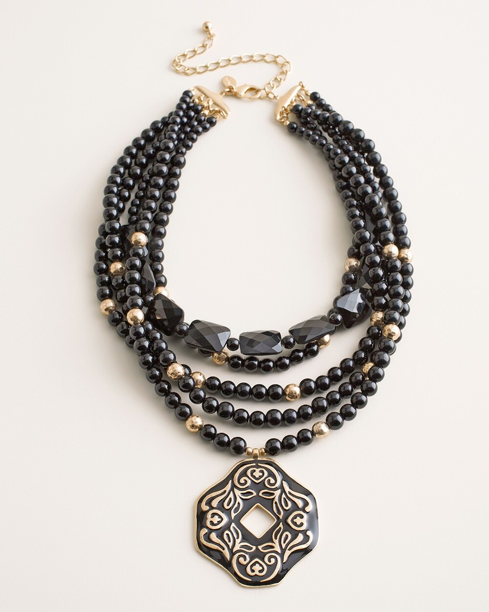 Short Goldtone and Black Multi-Strand Pendant Necklace
