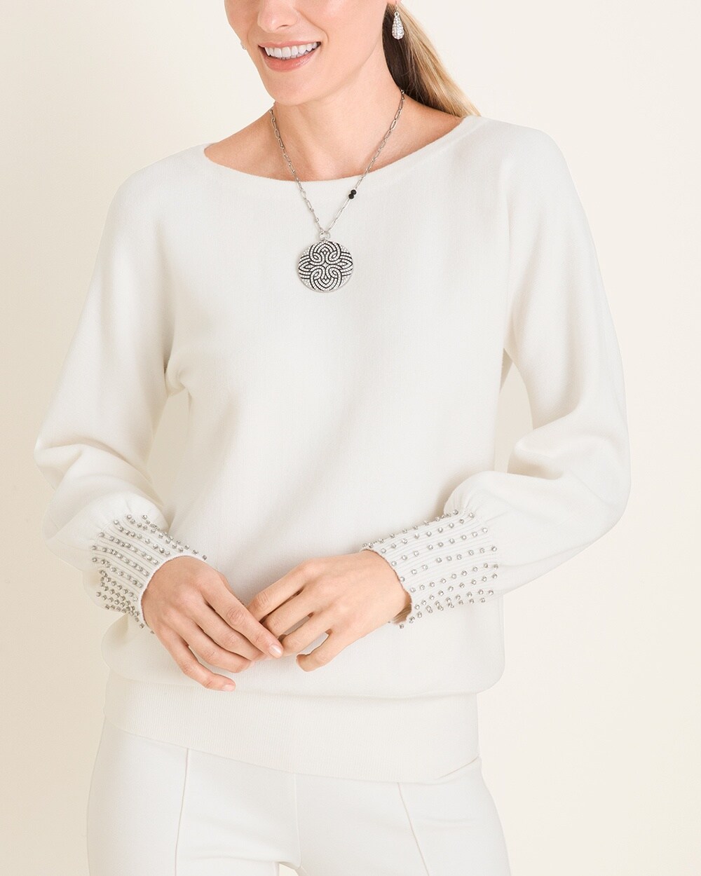 Embellished-Cuff Pullover Sweater