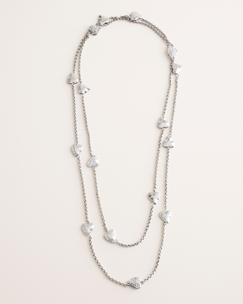 Long Silvertone Pave Heart Single-Strand Necklace