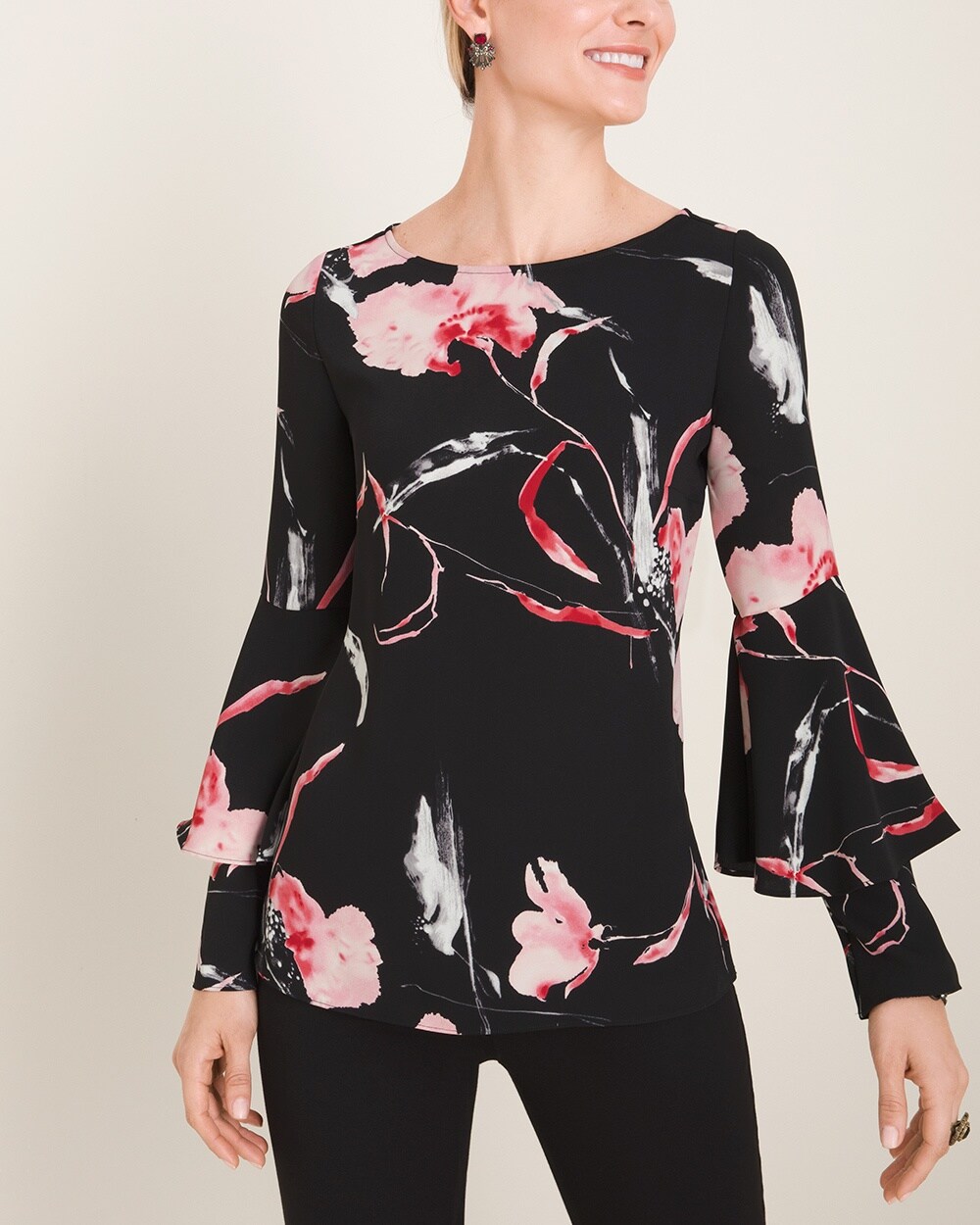 Floral Tiered-Sleeve Satin Pullover