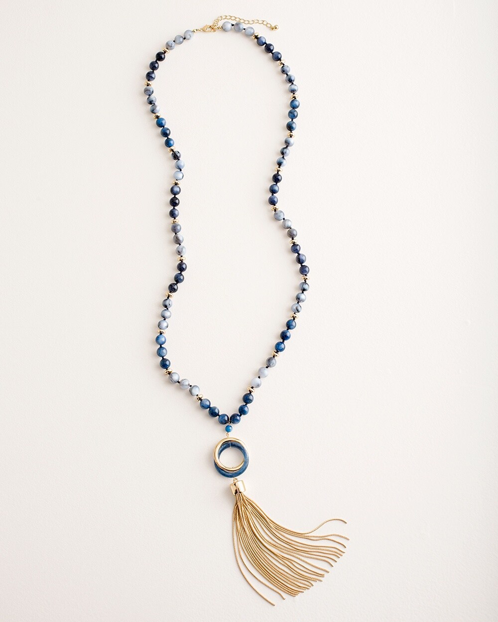 Long Beaded Blue Tassel-Pendant Necklace