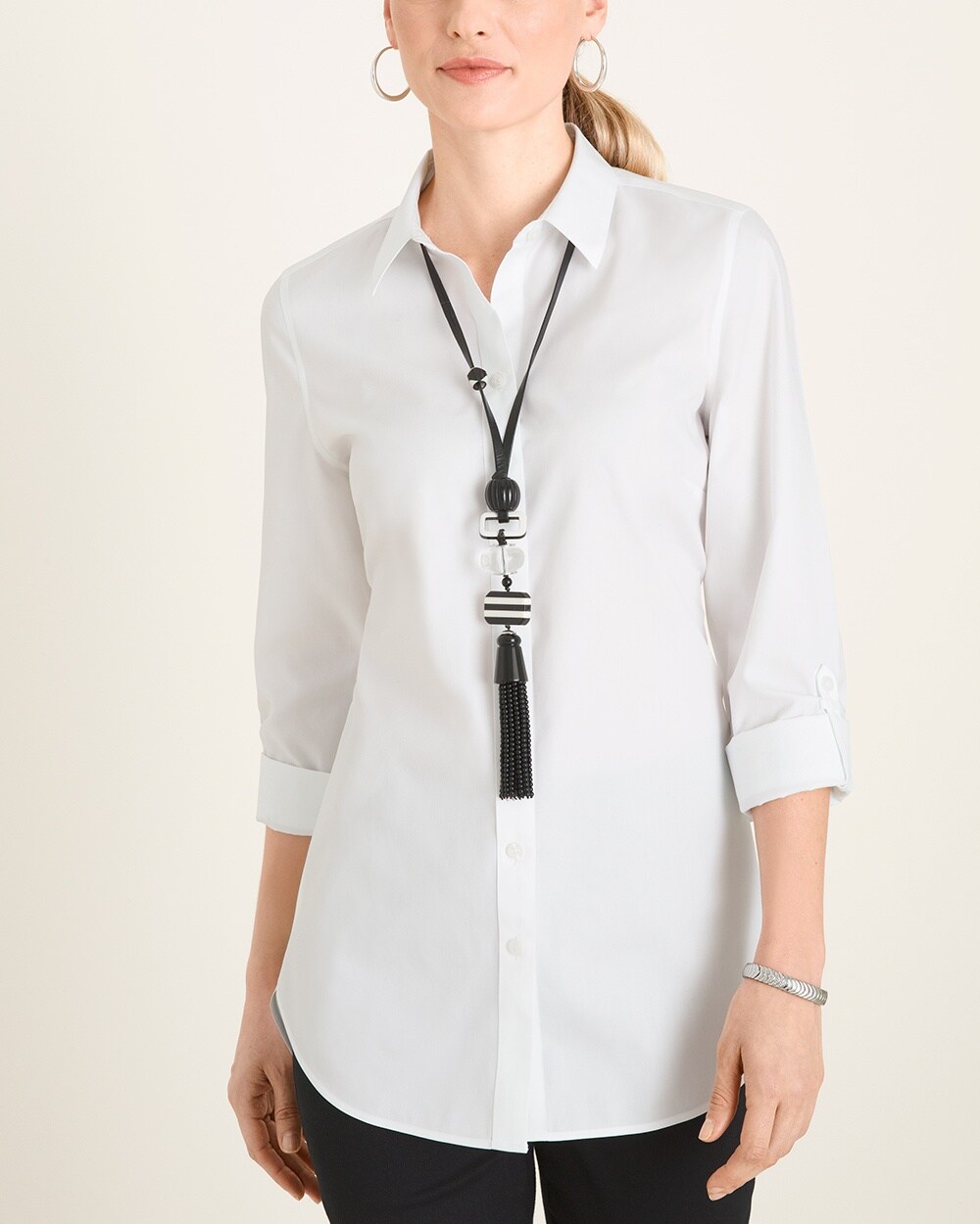 No-Iron Cotton Stain Shield Roll-Tab Sleeve Tunic