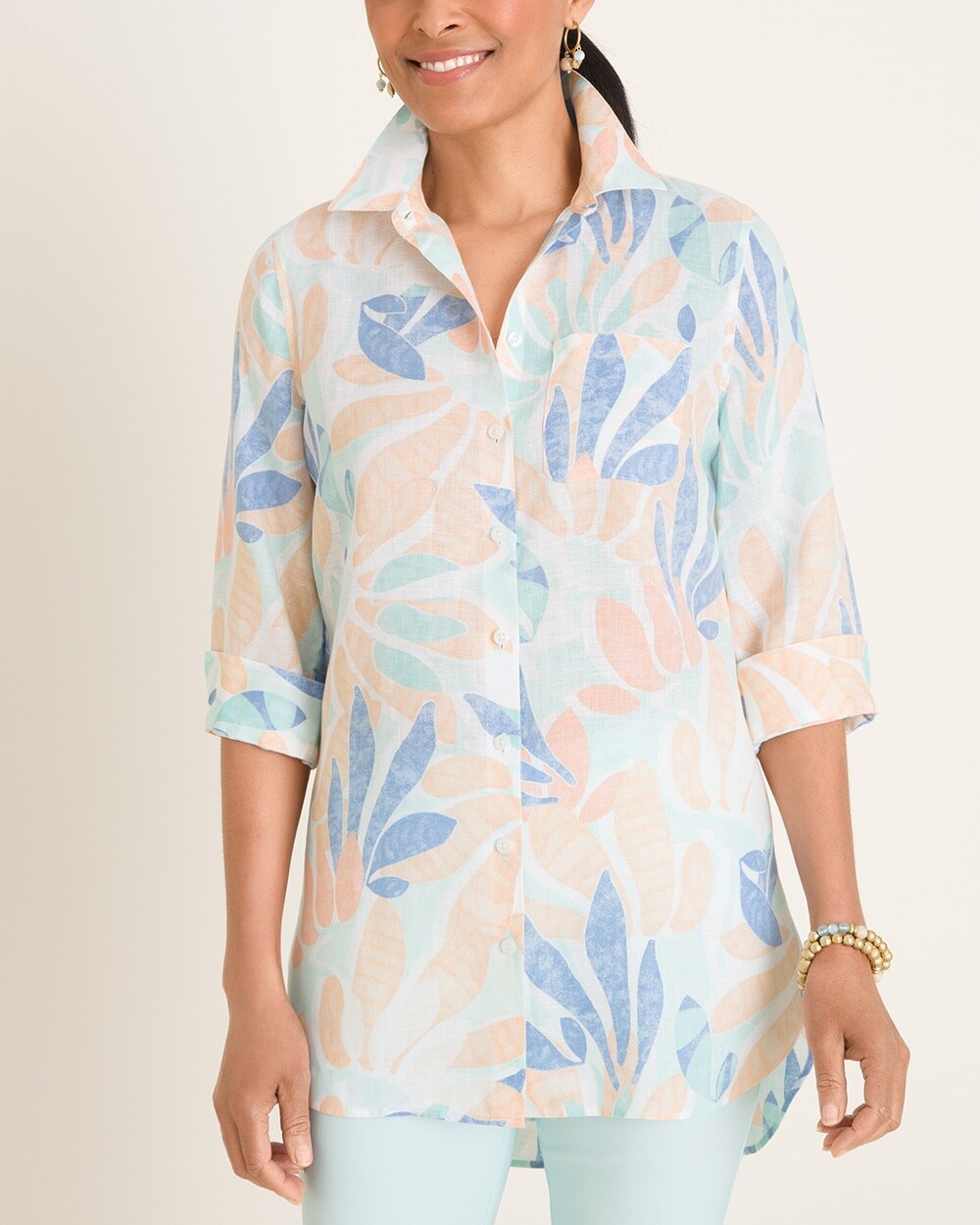 No-Iron Linen Multi-Colored Printed Shirttail Hem Tunic