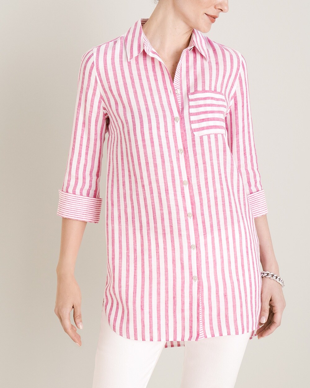 No-Iron Linen Striped Shirttail Hem Tunic