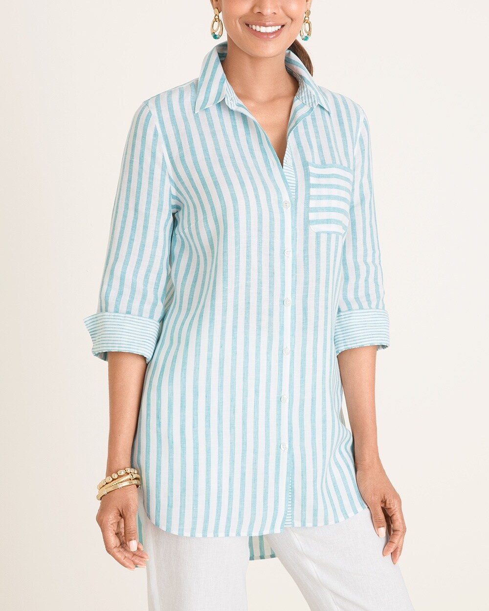 No-Iron Linen Striped Shirttail Hem Tunic