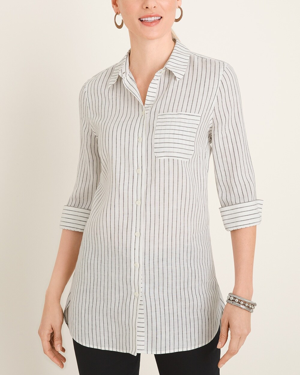 No-Iron Linen Striped High-Low Shirttail-Hem Tunic