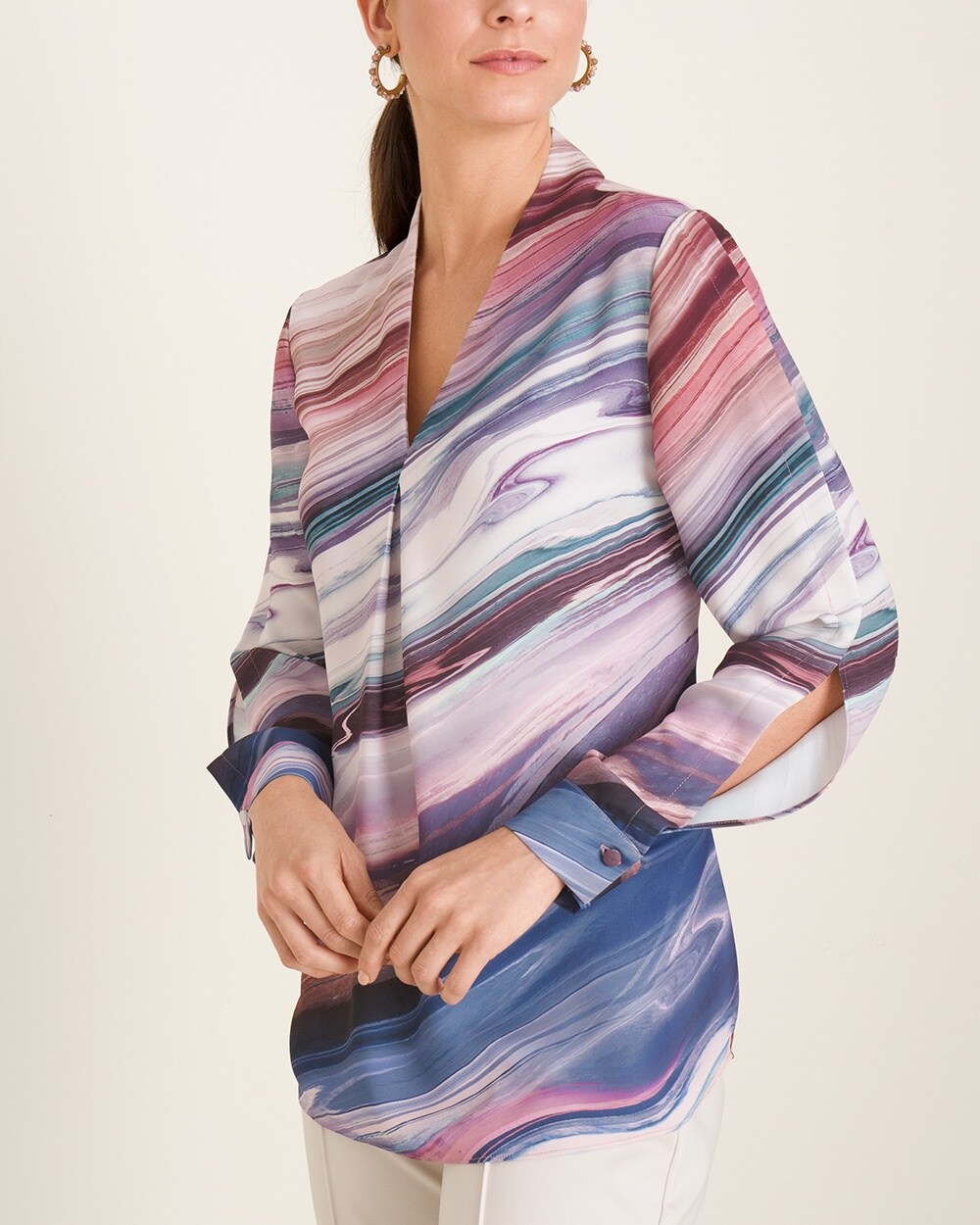 Stone-Stripes Print Pleated V-Neck Pullover