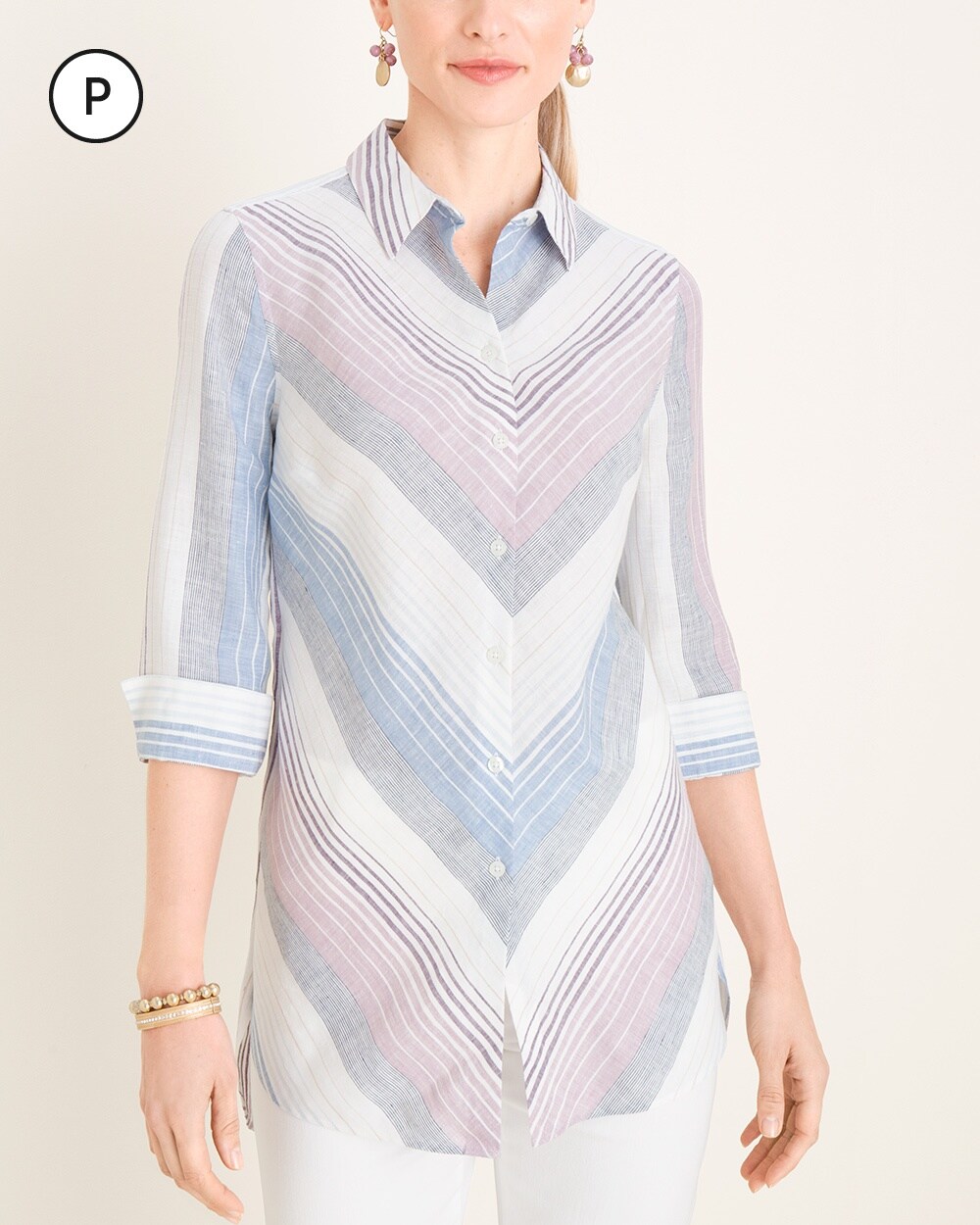 No-Iron Petite Linen Striped Shirttail-Hem Tunic