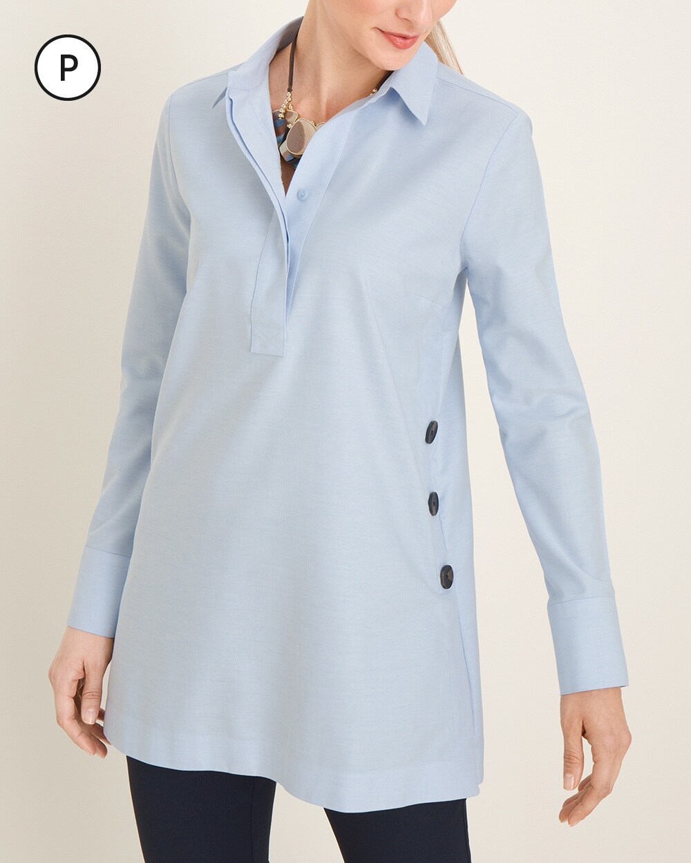 No-Iron Petite Oxford Button-Detail Cotton Tunic