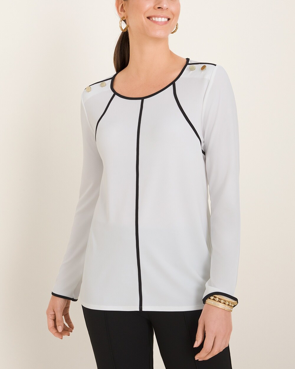 Black and White Piped Button-Detail Top