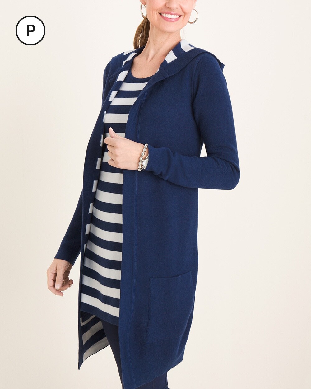 Zenergy Petite Reversible Navy Striped to Solid Cardigan
