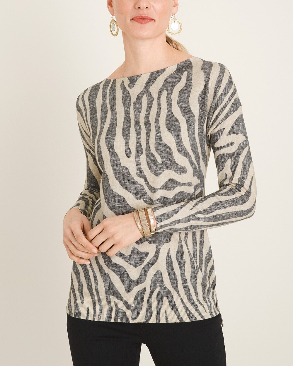 Zebra-Print Side-Button Pullover Sweater