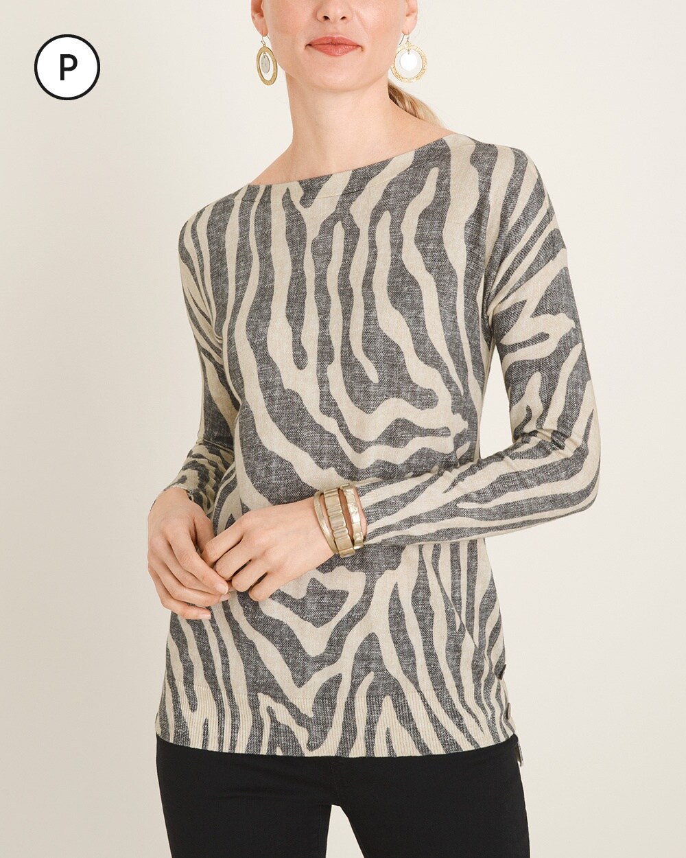 Petite Zebra-Print Side-Button Pullover Sweater
