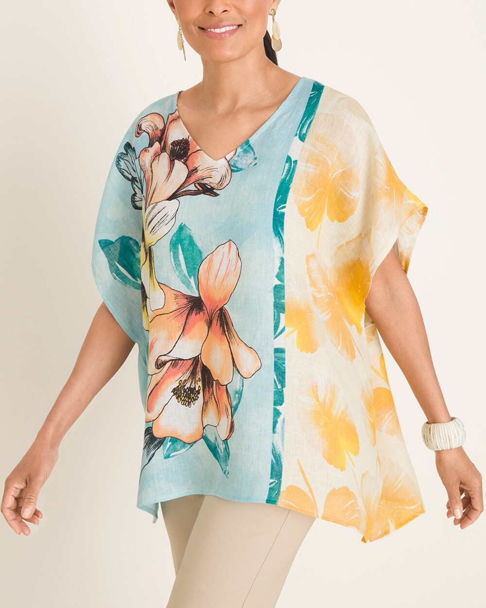 Tropical Bloom-Print Linen Poncho