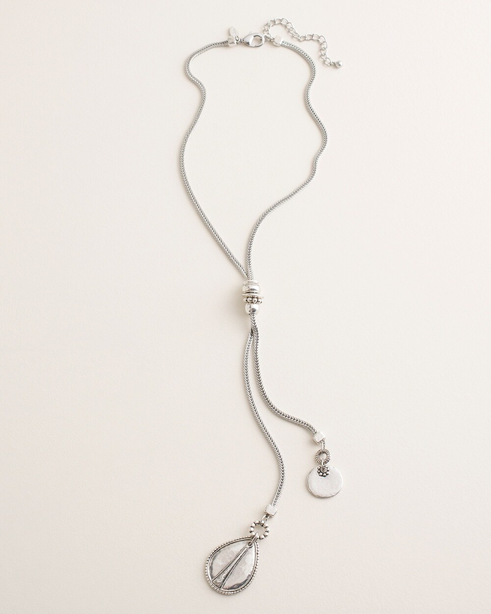 Long Silvertone Textured Pendant Y-Necklace