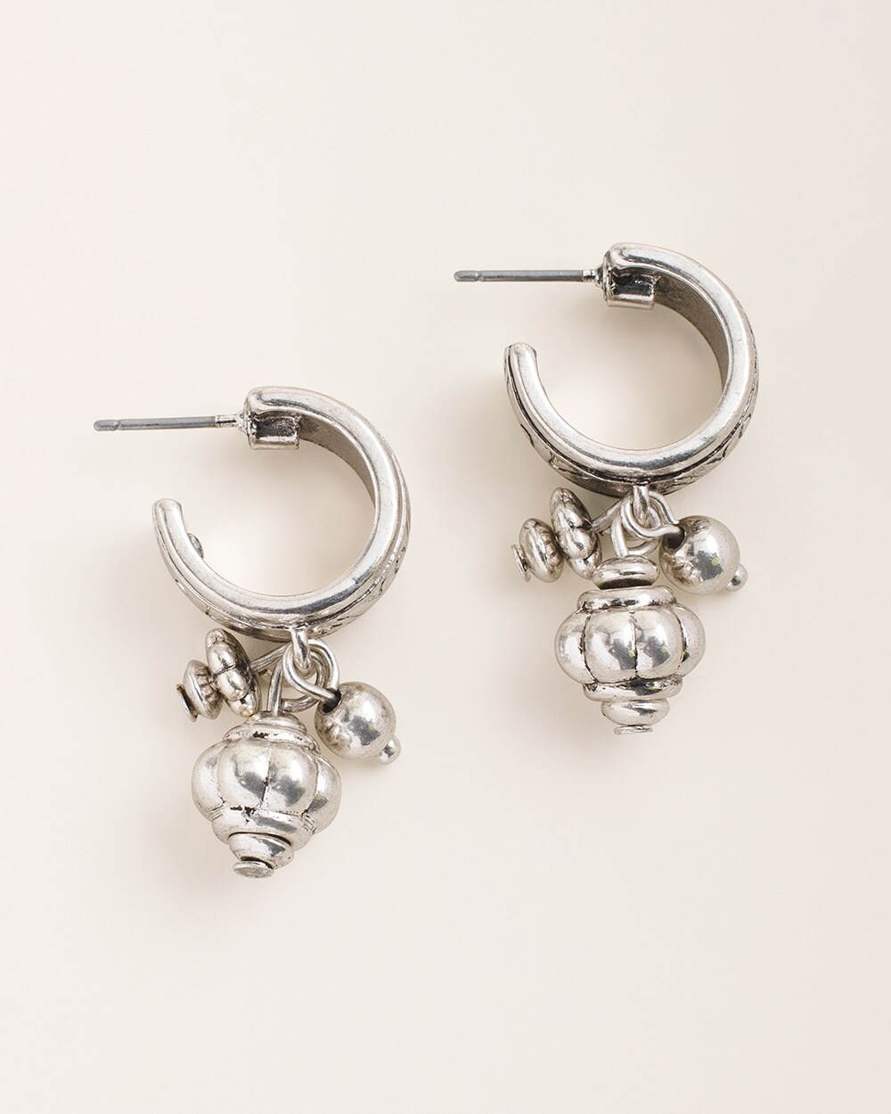 Silvertone Textured Charm-Hoop Earrings