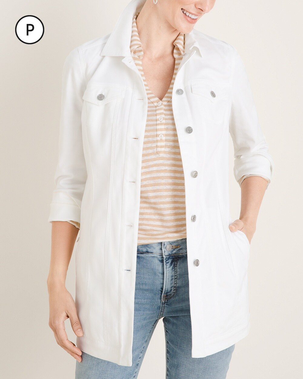 Petite No-Stain White Elongated Denim Jacket