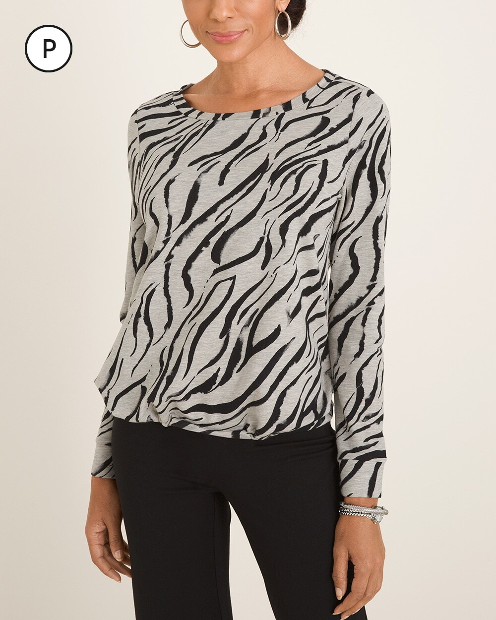 Zenergy Petite Zebra-Print Cinched Pullover