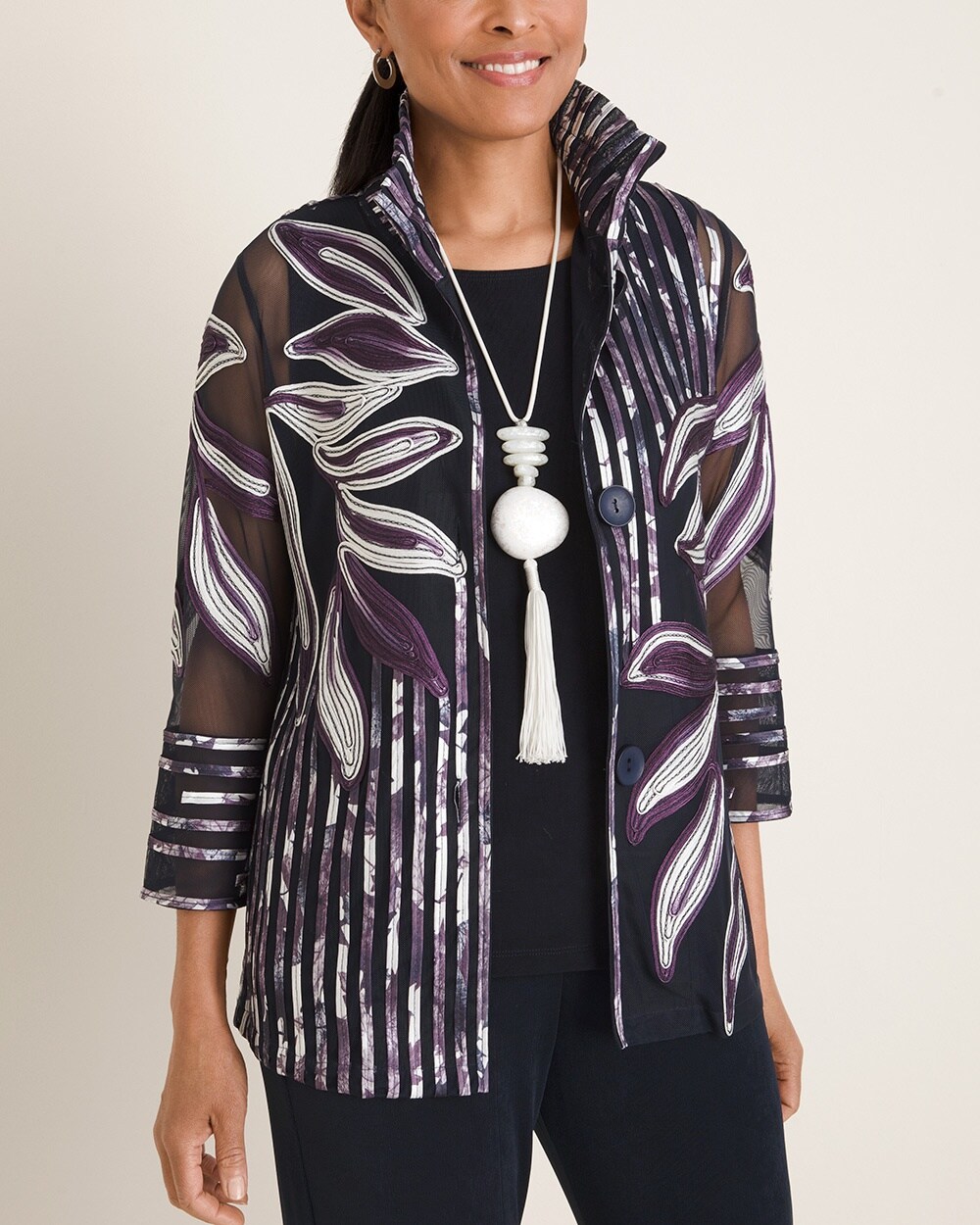 Travelers Collection Striped Floral-Embroidered Jacket