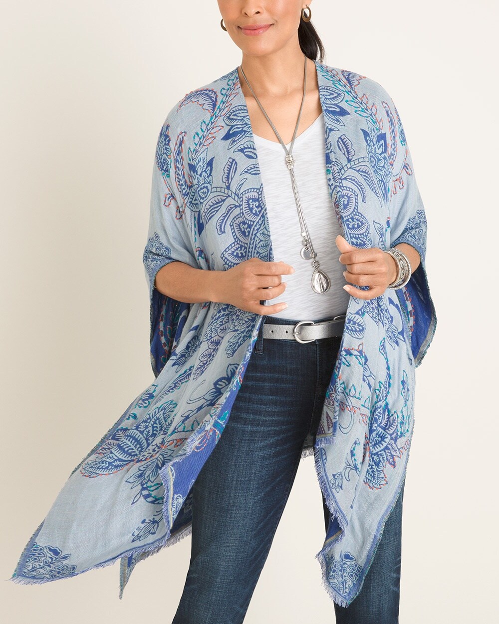 Floral Embroidered Jacquard Ruana Wrap