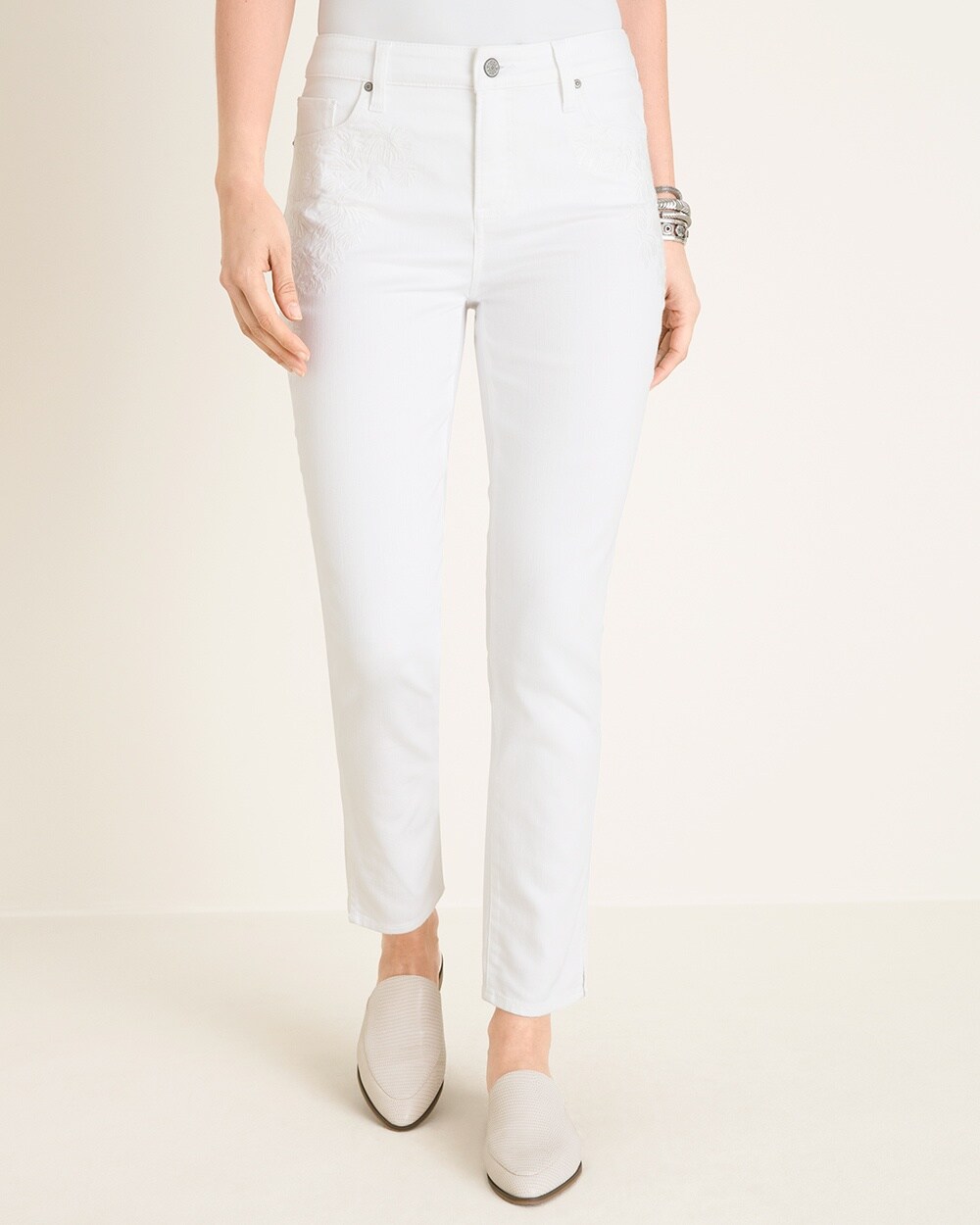 So Slimming No-Stain White Embroidered Girlfriend Ankle Jeans