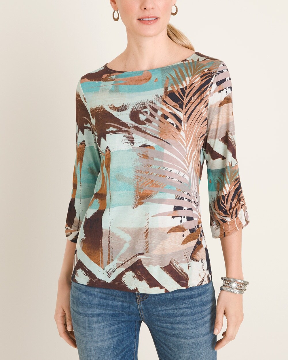 Tribal-Print Ruched-Sleeve Top