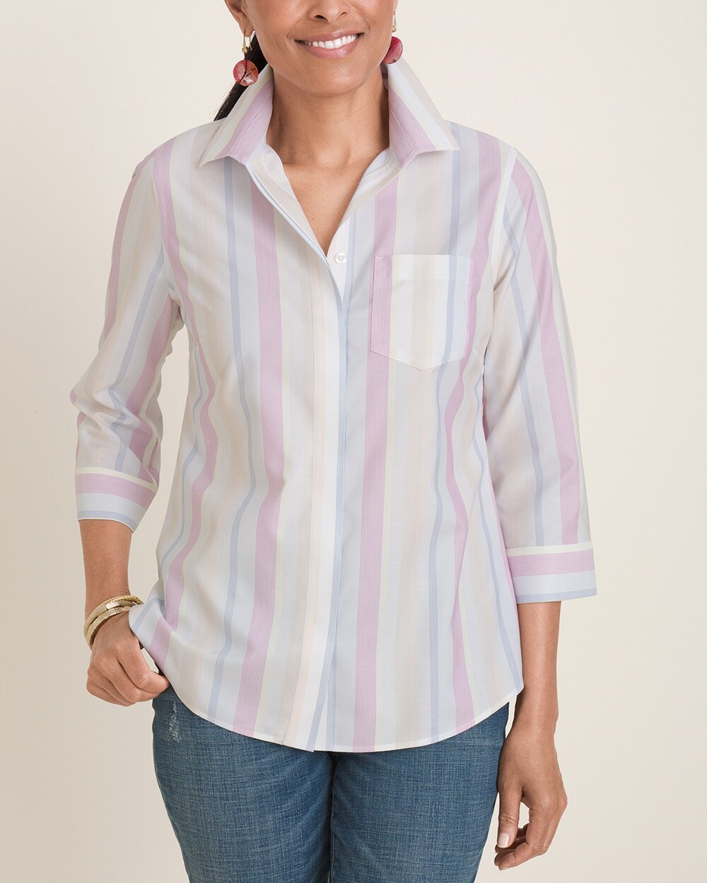 No-Iron Cotton Dot-Striped Pocket-Detail Shirt