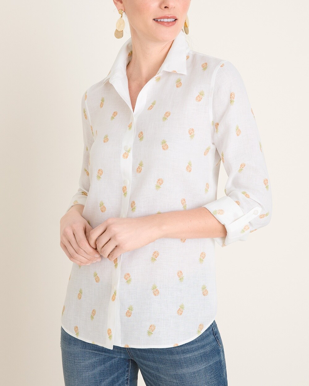 No-Iron Linen Pineapple-Print Roll-Tab Sleeve Shirt