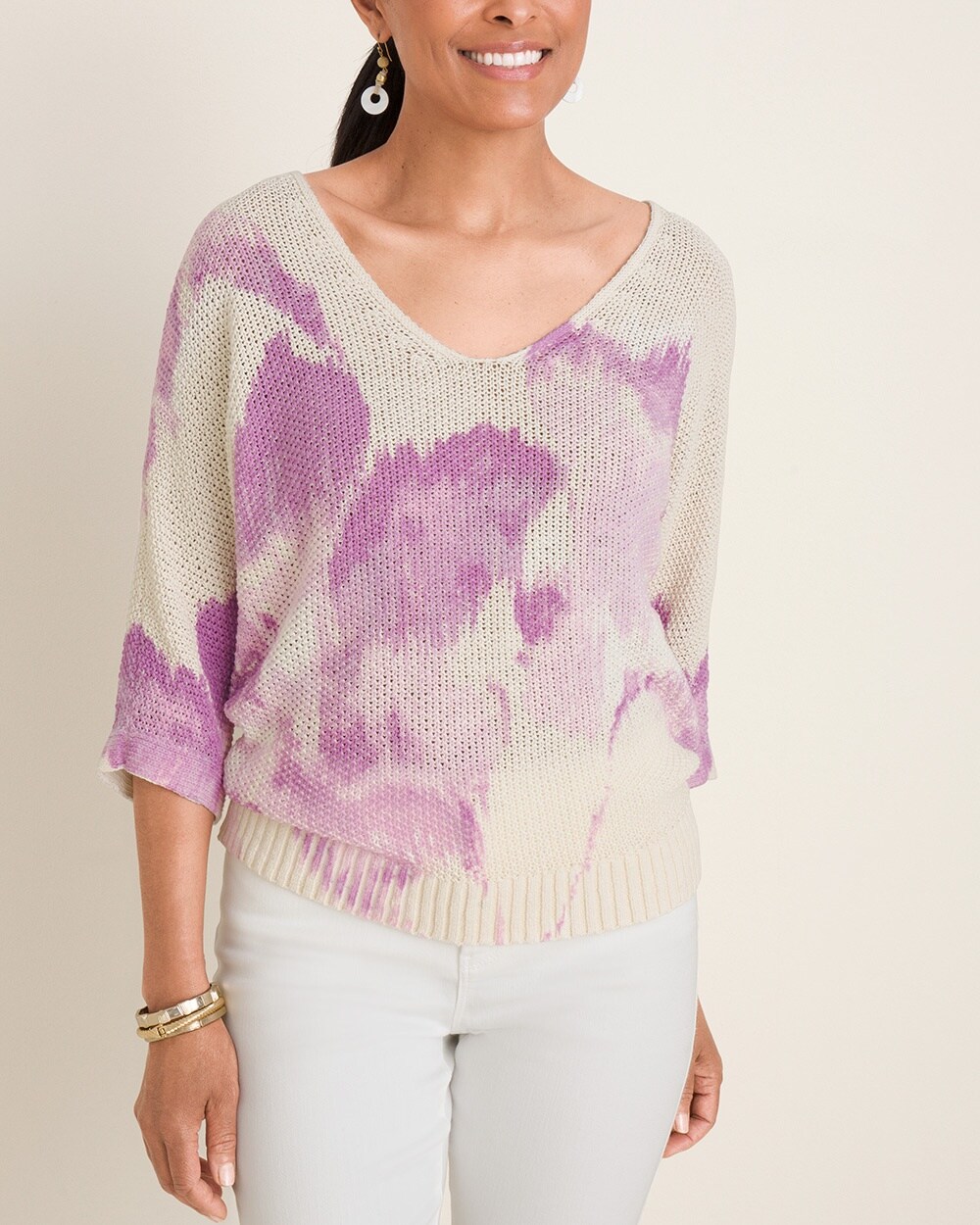 Printed V-Neck Tape Yarn Pullover Sweater
