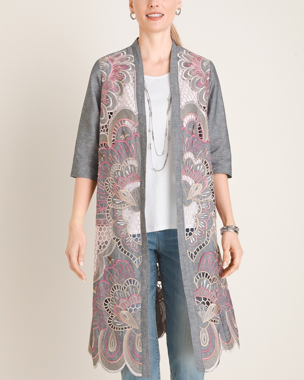 Embroidered Scalloped-Hem Kimono Jacket