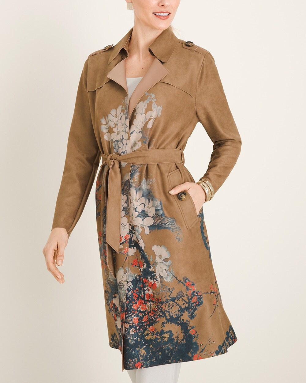 Floral Faux-Suede Trench Coat video preview image, click to start video