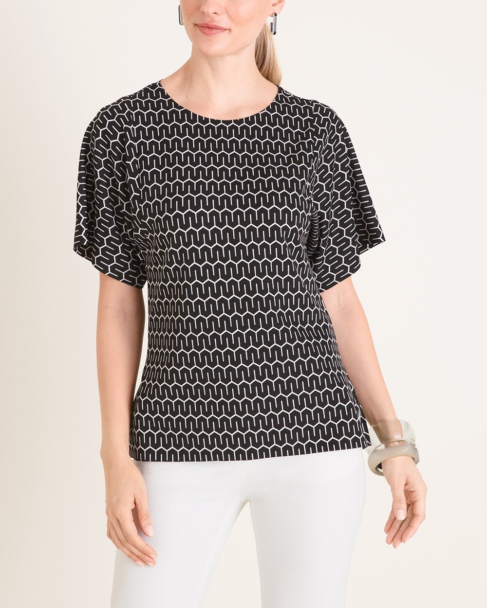 Black and White Geometric-Print Flutter-Sleeve Top