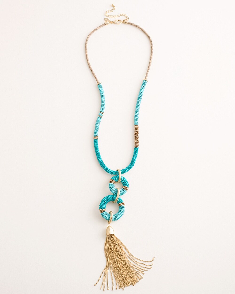 Aqua Seed Bead Tassel-Pendant Necklace