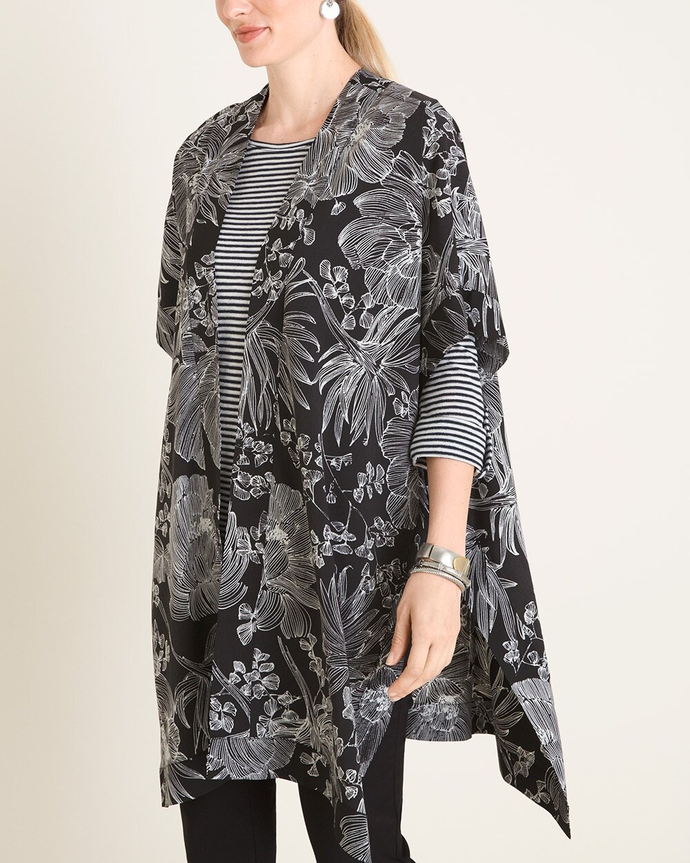 Black and White Floral Ruana Wrap