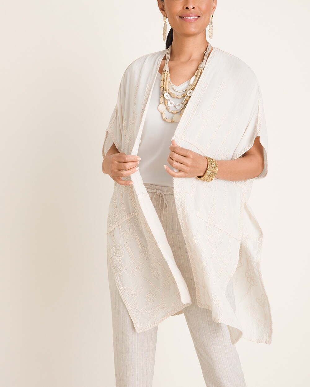 Floral Embroidered Neutral Ruana Wrap
