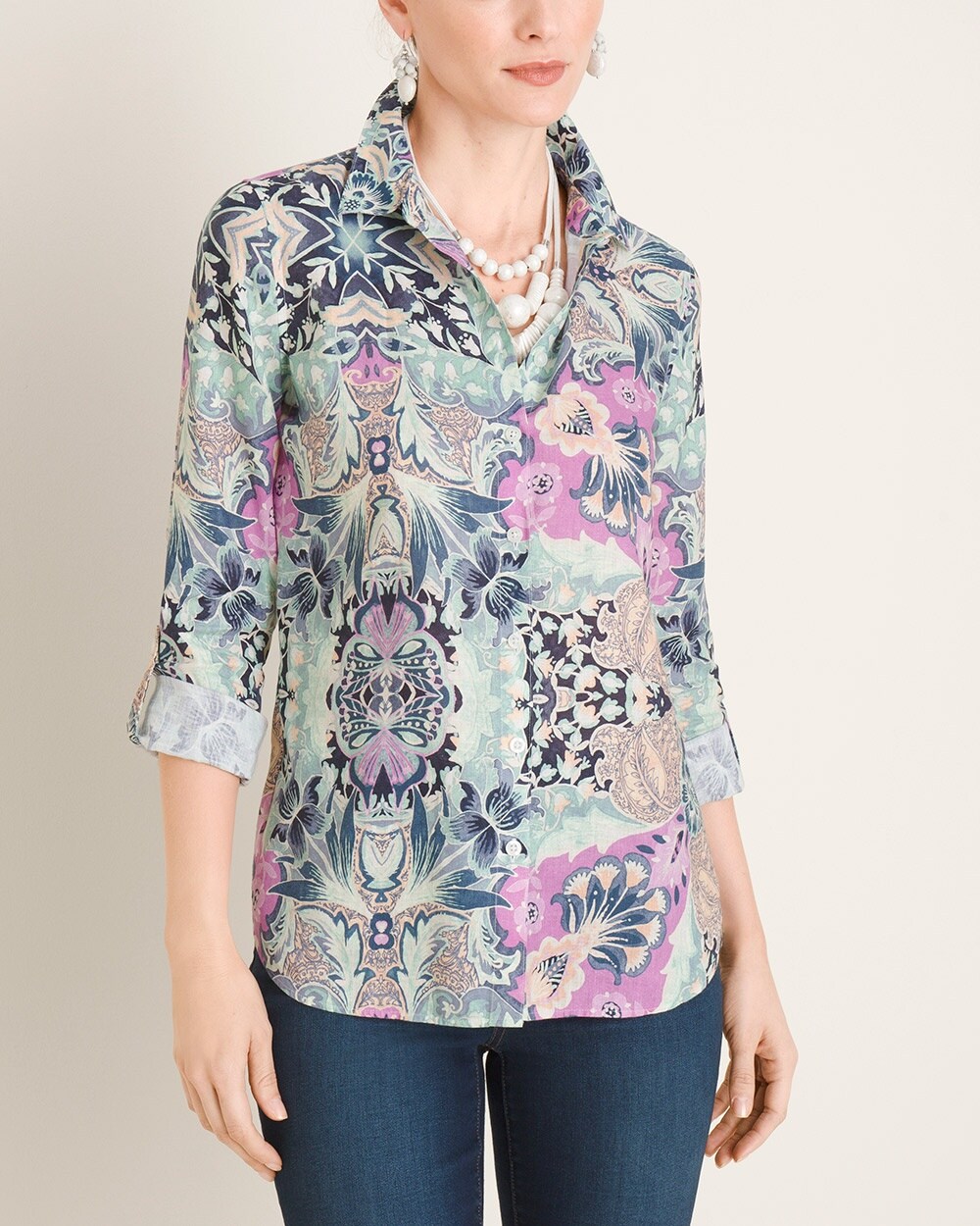No-Iron Linen Floral Roll-Tab Shirt