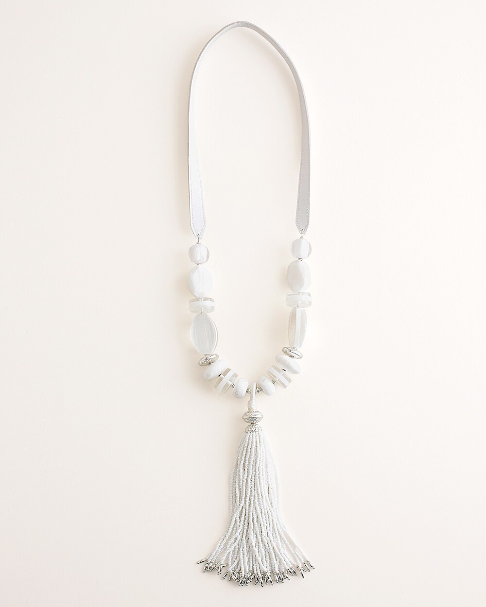 White Beaded Tassel Necklace