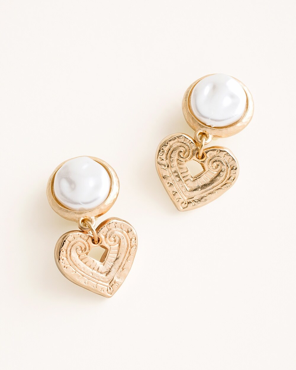 Goldtone Heart Faux-Pearl Drop Clip-On Earrings