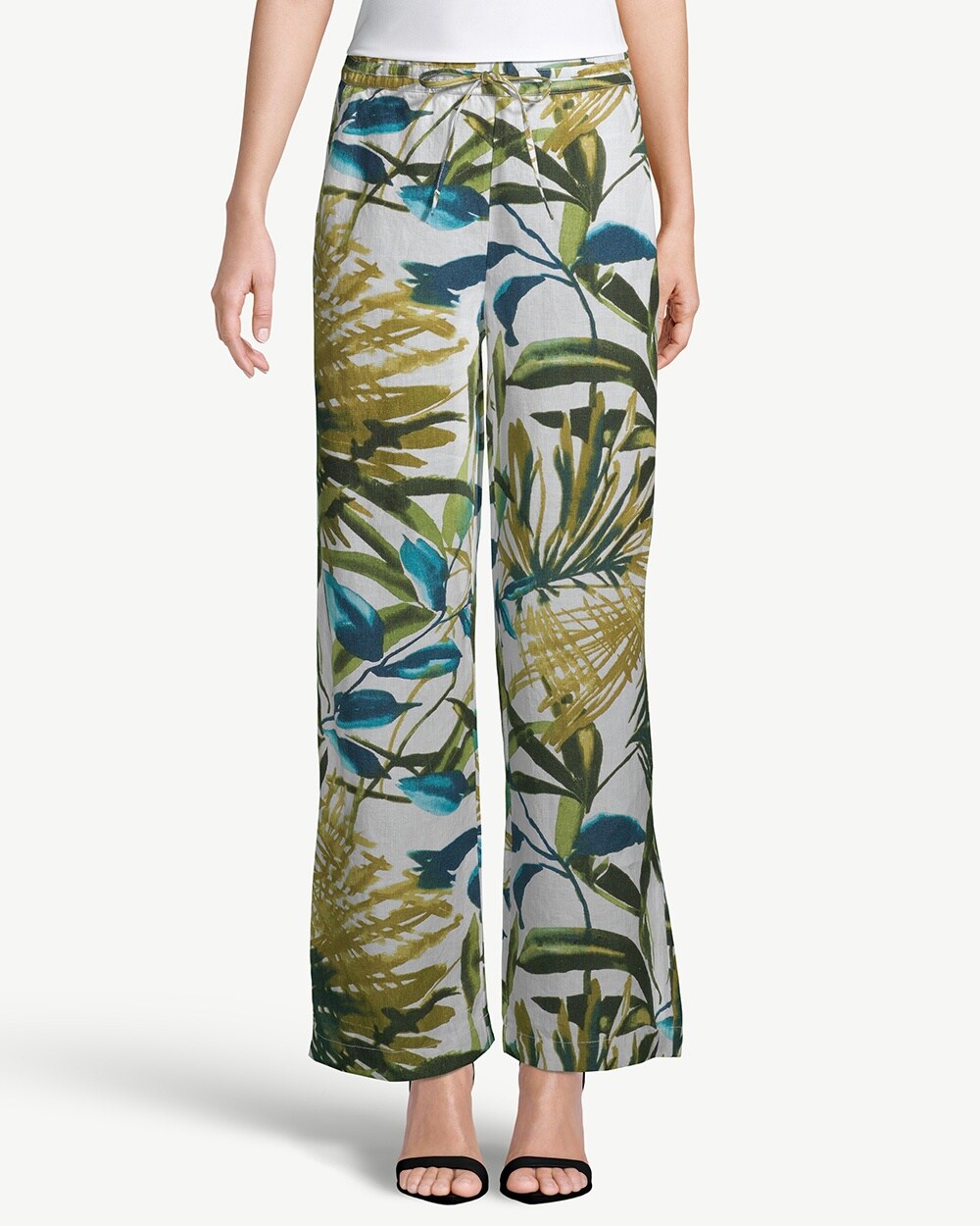 Wide-Leg Drawstring Leaf-Print Linen Pants