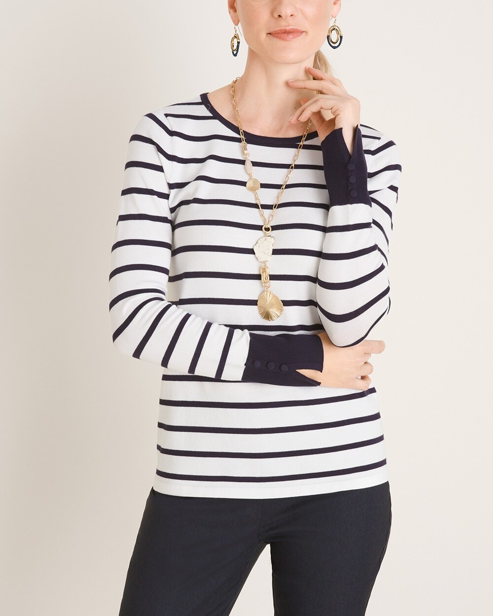 Striped Button-Sleeve Pullover Sweater