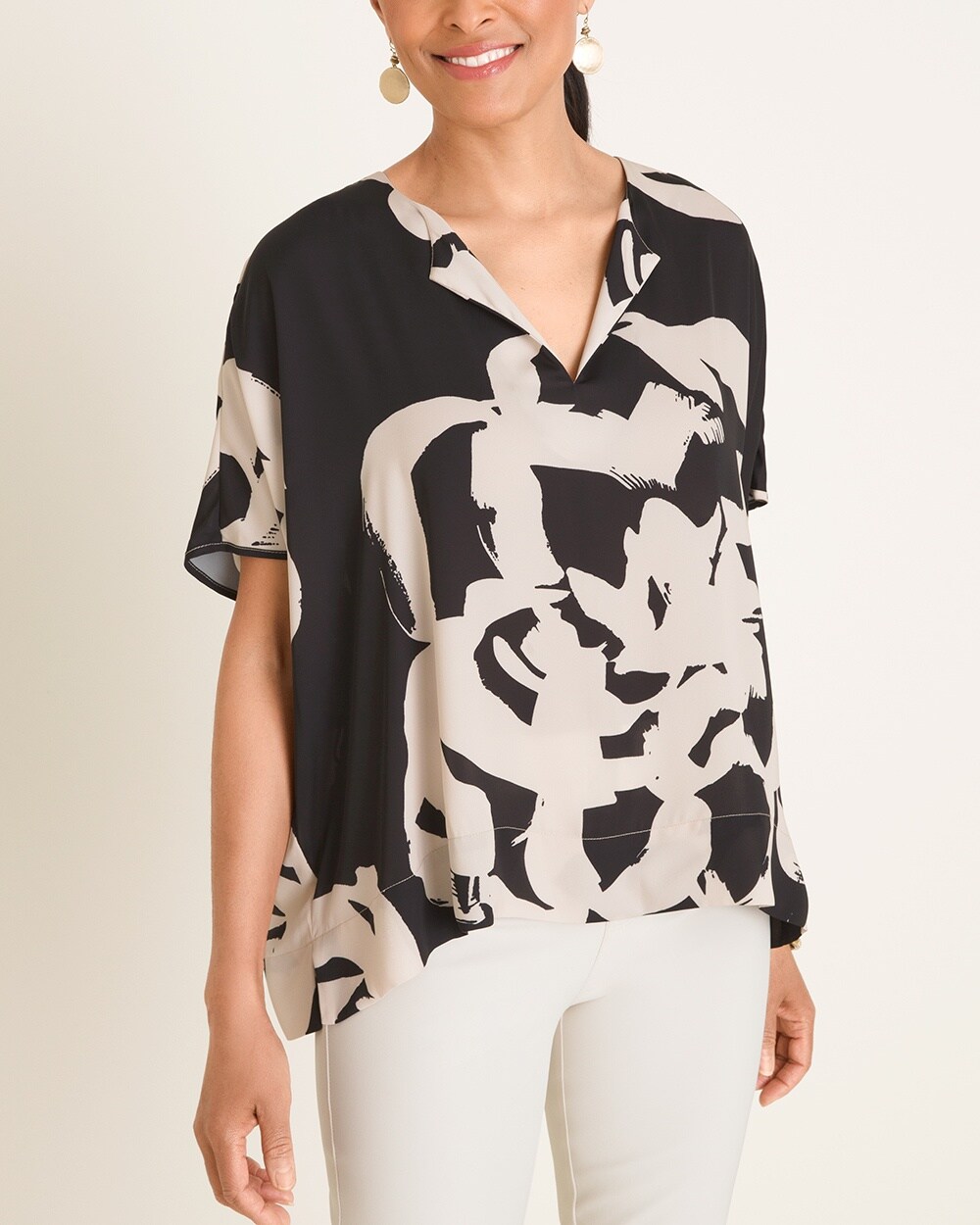 Abstract Floral Split-Neck Blouse
