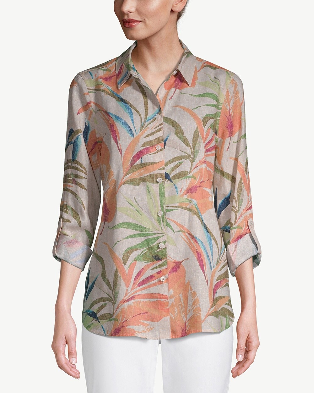 No-Iron Linen Palm-Print Roll-Tab Sleeve Shirt