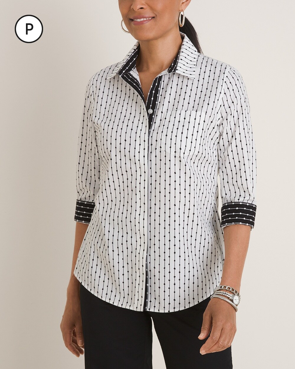 No-Iron Petite Cotton Dot-Stripe Pocket-Detail Shirt