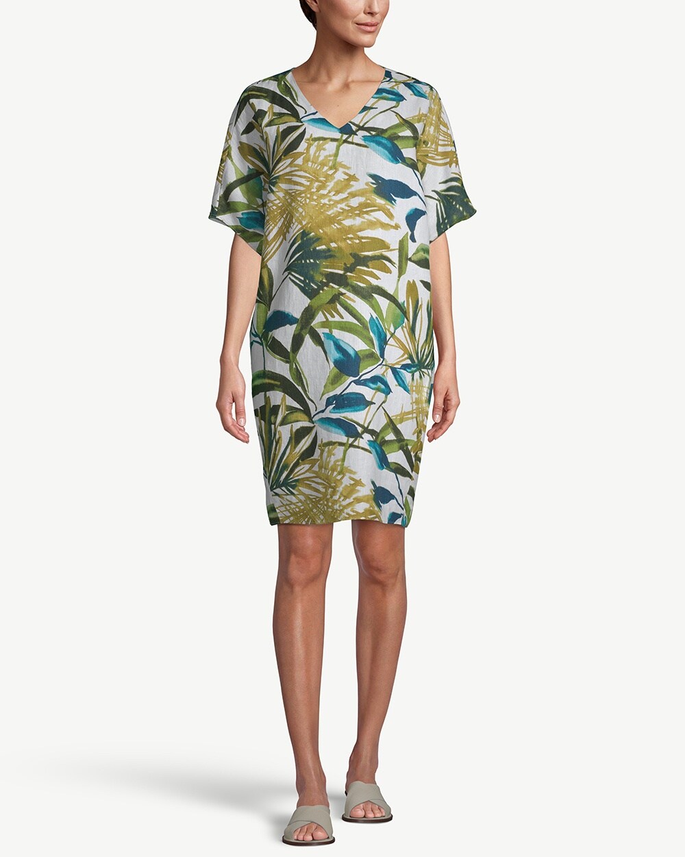 Linen Palm-Print Tunic Wedge Dress